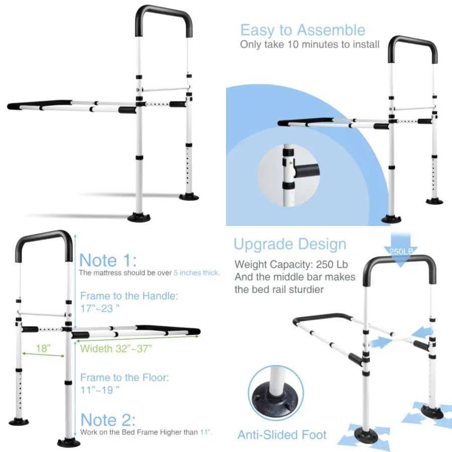 

Bed Assist Rails Adjustable, Safety Bed Handle with Leg, Fall Prevention Hand Guard Grab Bar Bed Cane, Bed Rails for Elderly, A