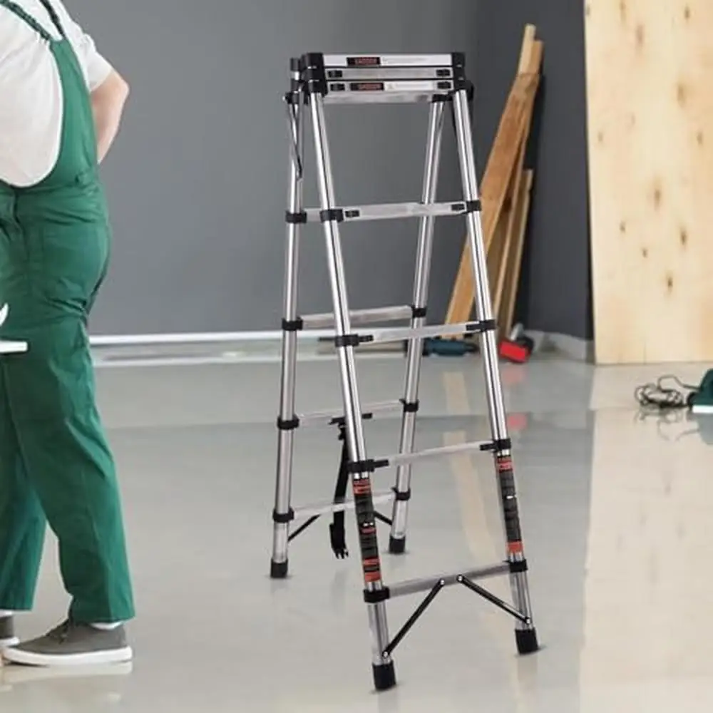 6.5 Ft Lightweight RV Compact Telescopic Ladder-330lbs Capacity Non-Slip Feet Stabilizer Aluminum Alloy Wheels Tool Tray