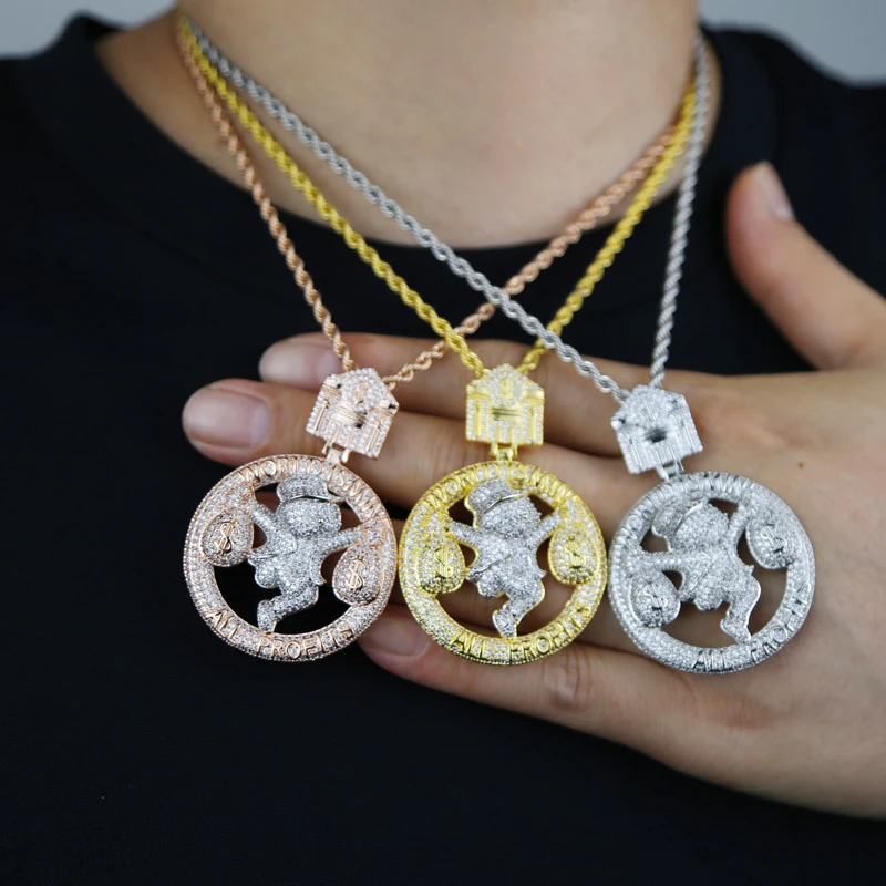 جديد الهيب هوب رسالة كل الربح العالم هو بلدي قلادة قلادة مثلج خارج بلينغ 5A تشيكوسلوفاكيا الزركون الدولار حقيبة سحر الرجال روك مجوهرات