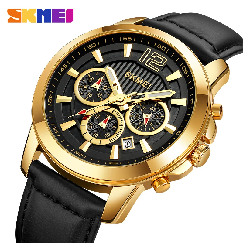 SKMEI New Fashion Stopwatch Quartz Watches Mens Top Brand Luxury Leather Strap Date Wristwatches Casual Male Clock reloj hombre