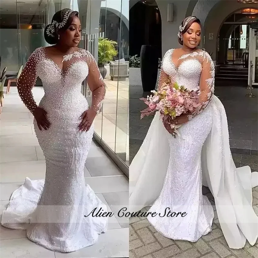 

African White Mermaid Wedding Dresses Pearls Beading Long Sleeve Shiny Lace-Up Corset Bridal Gowns Detachable Train Customized