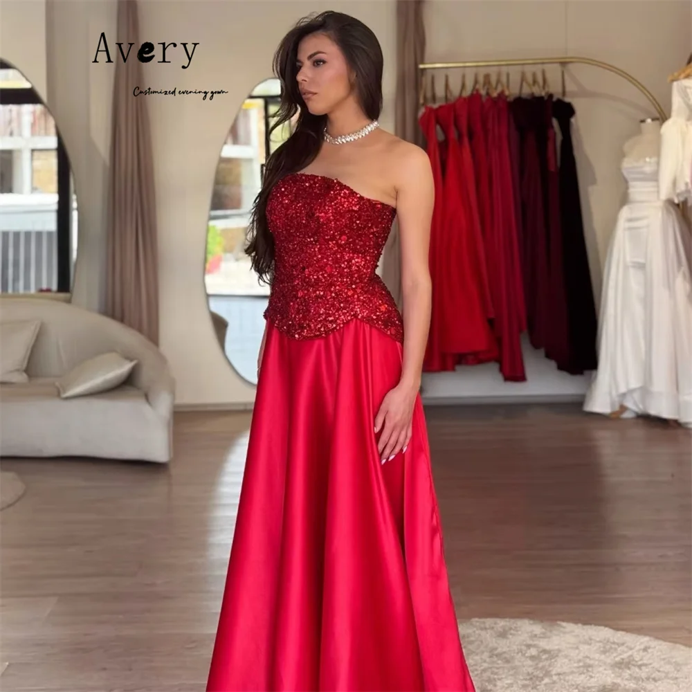 에이버리 커스텀 레드 피쉬테일 오프숄더 샤이니 튜브탑 럭셔리 드레스 2025 이브닝 드레스 2025 여성 럭셔리 이브닝 드레스 여성용