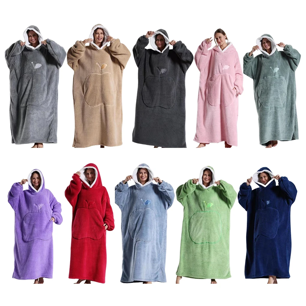 Super Long Flannel Blanket Pyjamas with Sleeves Winter Hoodies Sweatshirt Women Men Pullover Fleece Giant Oversized