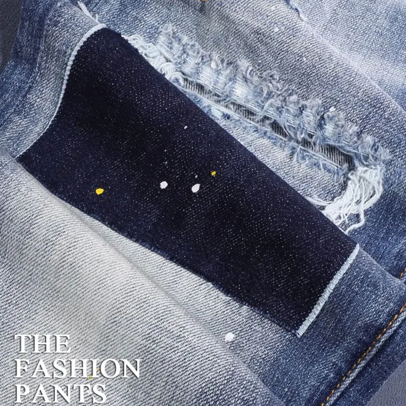 

Y2KStreet Fashion Men's Elastic Jeans Vintage Blue Elastic Tight Colored Split Jeans Men's Patch Designer Hip Hop Brand Pantsh