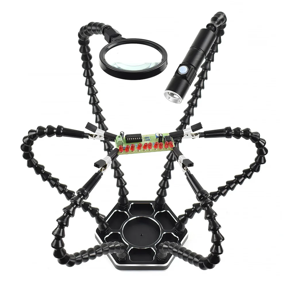 

6 Flexible Arms Helping Hand Soldering Third Hands Vise with LED Flashlight Magnifying Glass Aluminum Base for Soldering
