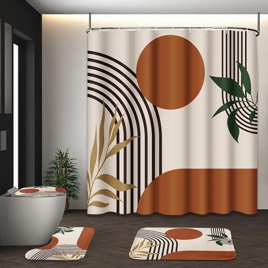 

Boho Mid Century Shower Curtain Set with Toilet Lid Co er and Non-Slip Rugs, Abstract Geometric 4 Pcs Modern Minimalist Shower C