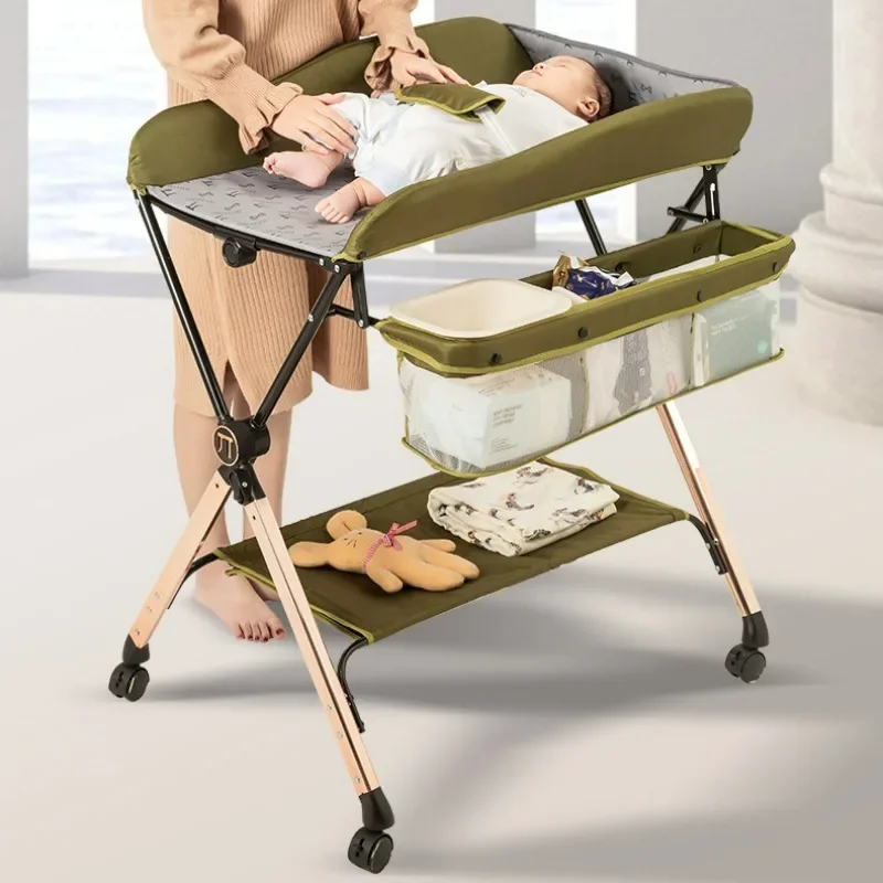 Portable Baby Changing Table for Nursery Height Adjustable Foldable Diaper Table with Swivel Wheels Drying Rack Large Storage