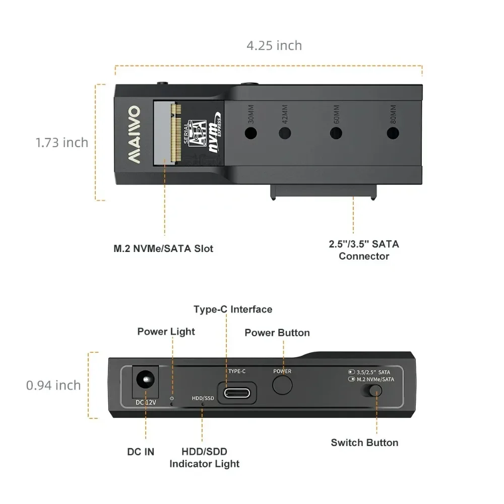 MAIWO M.2 NVMe NGFF Enclosure Type C 10Gbps 2.5 3.5 Inch HDD Case USB 3.1 Gen2 Hard Drive Disk box for 2.5/3.5 SATA NVME HDD SSD