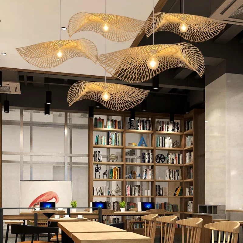 45/55cm Natural Bamboo Rattan Wicker E27 Pendant Lamps Rustic Handwoven Bamboo Chandelier for Restaurant Kitchen Bar Decor Light