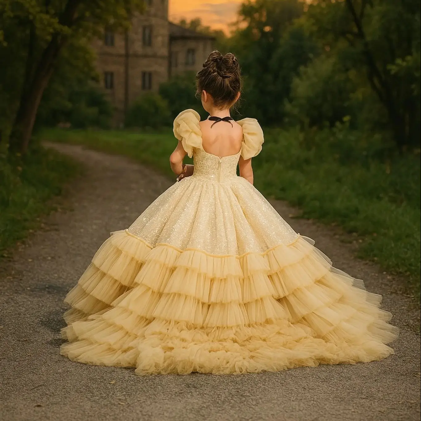 

Champagne Princess Flower Girl Dress For Wedding Tiered Tulle Sequined Birthday Party Prom Gowns First Communion Dress