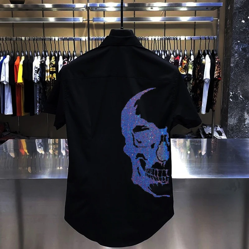 

Fashion rhinestones half blue skull shirt men's summer casual street lapel short sleeve shirt
