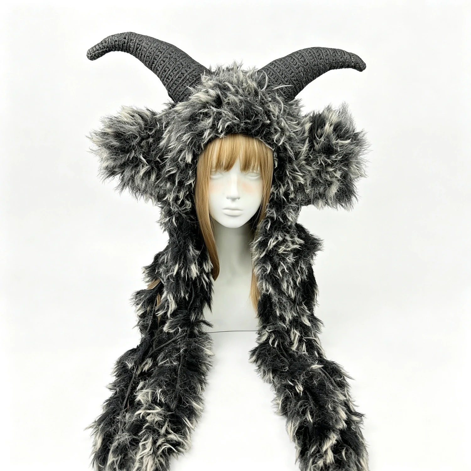 Custom Hand-crocheted Black Ram Horn Hat Man Soft Knitted Viking Beanie Women Long Shaggy Faux Fur Cosplay Halloween Costumes