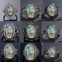 Big Oval Round Natural Labradorite Ring Silver Plated Ring for Women Sun Shaped Retro Luxury Fine Jewelry