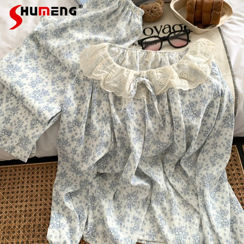 النمط الياباني الفتيات الملابس الداخلية الزرقاء الأزهار جولة الرقبة الدانتيل الخريف بيجامة مجموعة الشارع ارتداء طويلة الأكمام Homewear للنساء