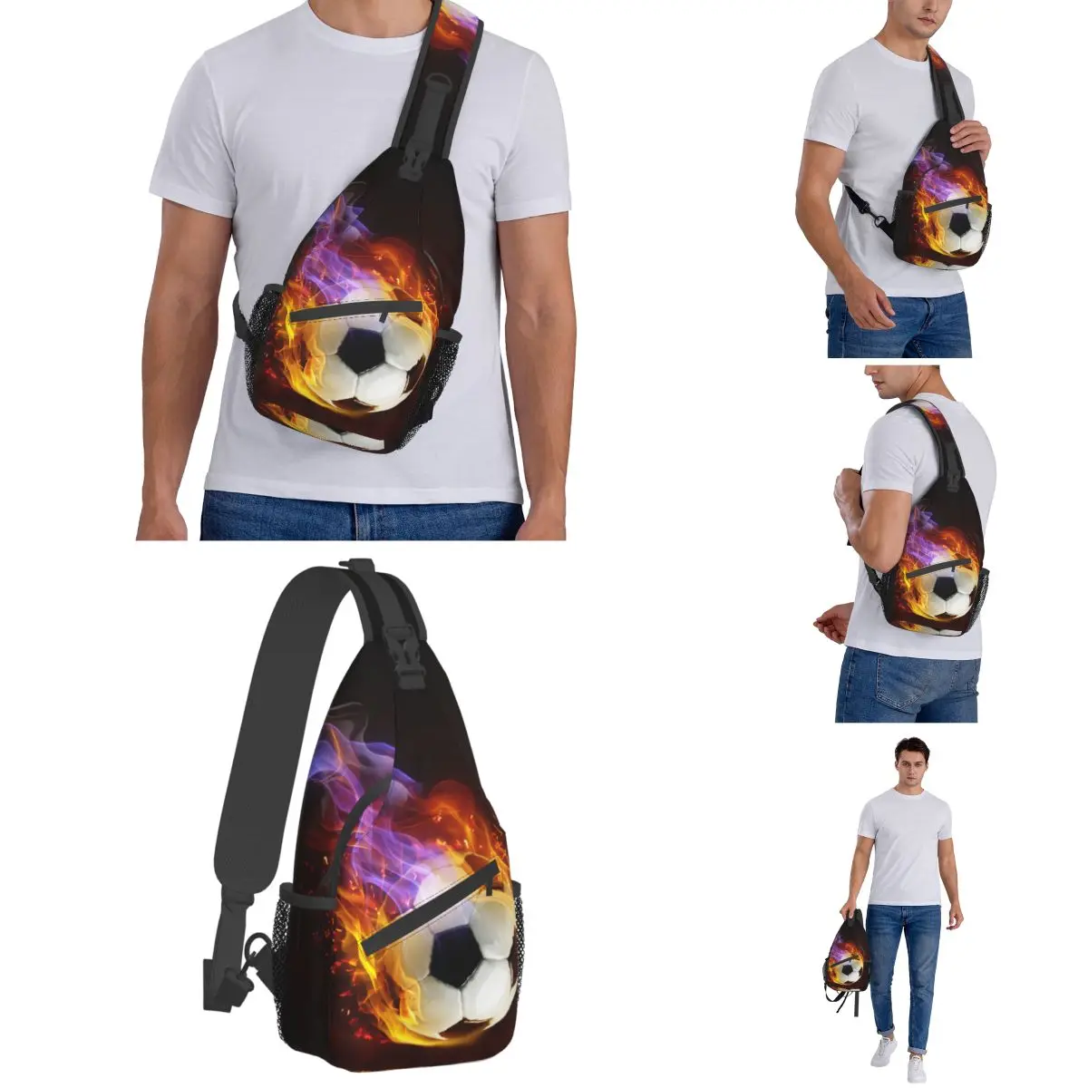 Fire Soccer-bandolera pequeña para el pecho, mochila de hombro para deportes al aire libre, mochilas de día, balones de fútbol, patrón deportivo, Satchel