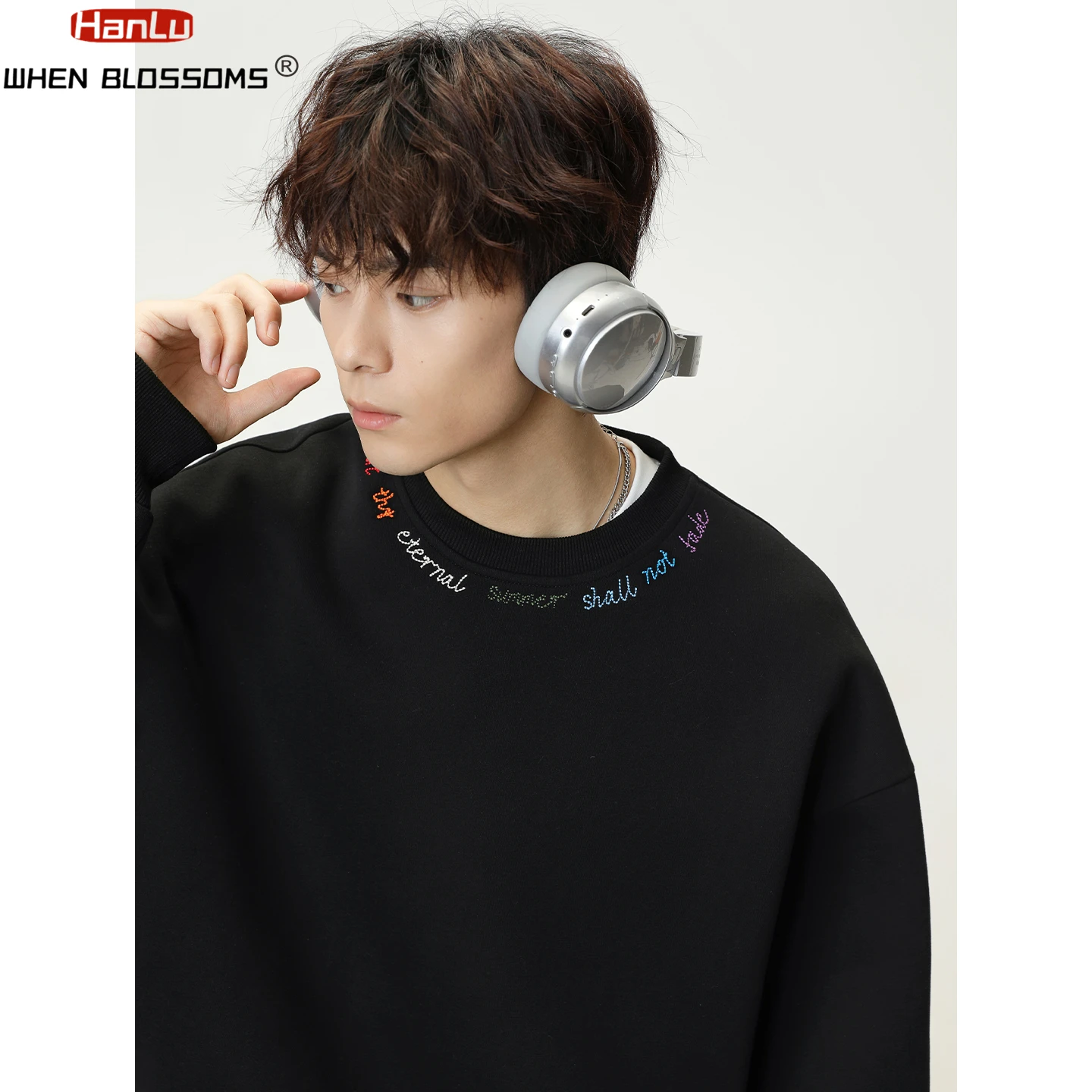 

HANGLU 2025 Men's Heavyweight Crewneck Sweatshirt Rainbow Color Block Embroidered Letter Oversized Streetwear Pullover