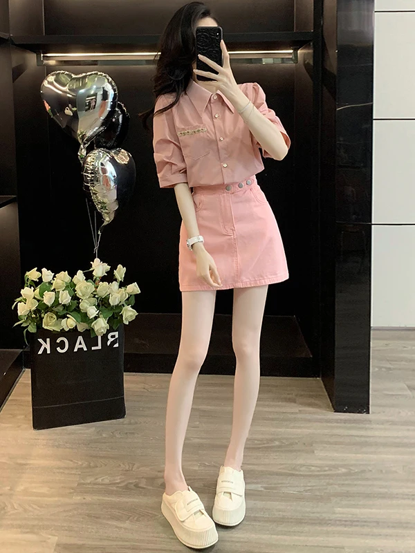 

Pink Midi Sleeve Shirt And Denim Short Skirt Two-Piece Set Women's Fashionable Commute Style Summer Outfit Cotton Blend Material