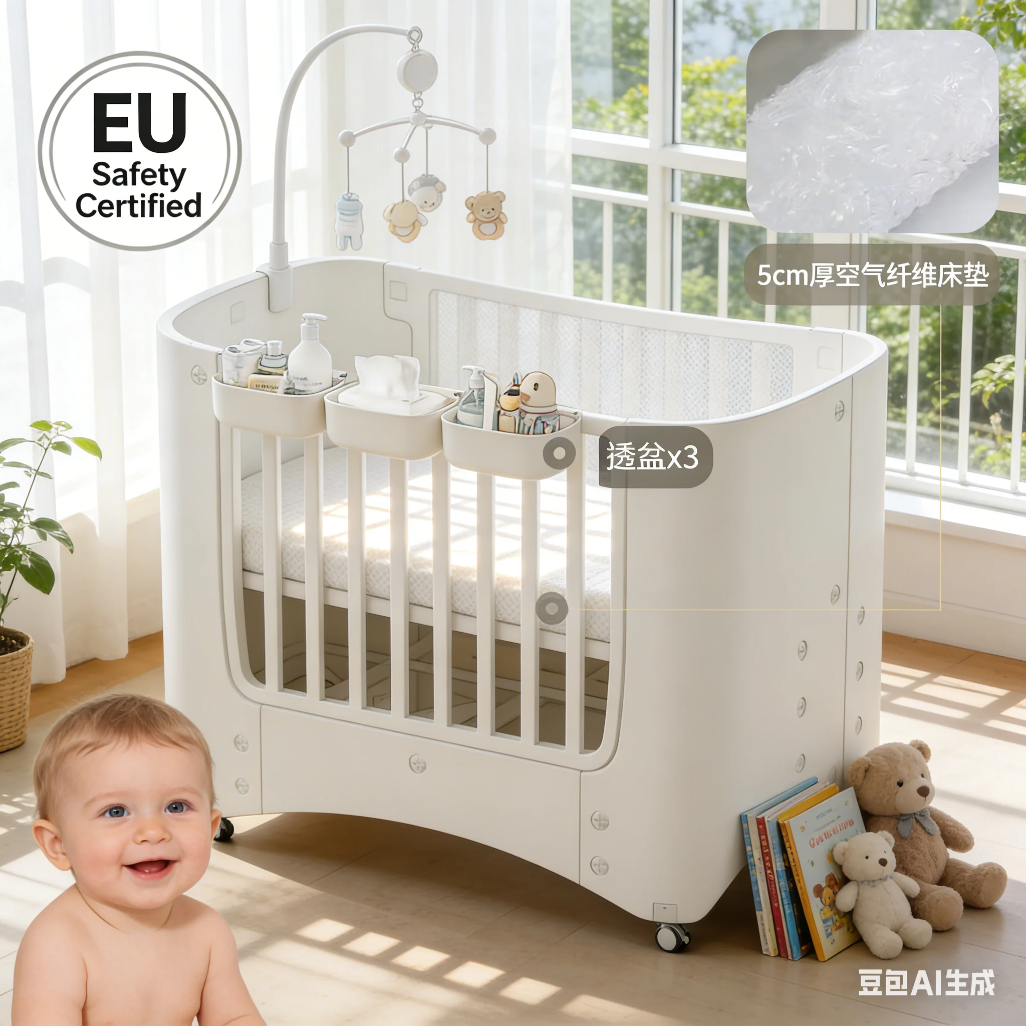 

Многофункциональная регулируемая прикроватная приставная кроватка-манеж с функцией пеленального столика, с регулируемой высотой