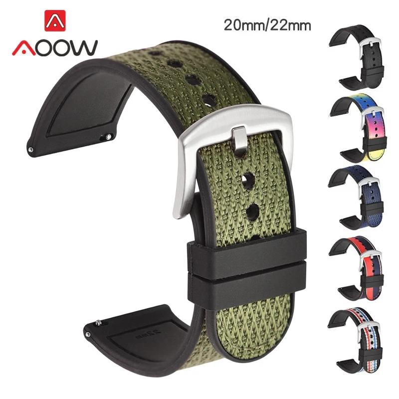 20mm 22mm Woven Nylon Silicone Strap Quick Release Soft Rubber Sport Waterproof Men Replacement Watch Band Bracelet Accessories