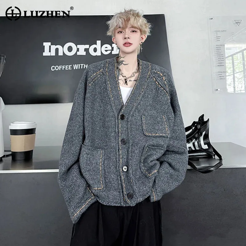 LUZHEN التطريز مخطط تصميم فضفاض الخامس الرقبة سترة مشغولة من الصوف الرجال 2025 شتاء جديد موضة عالية الجودة وسيم سترة JY4832 #1