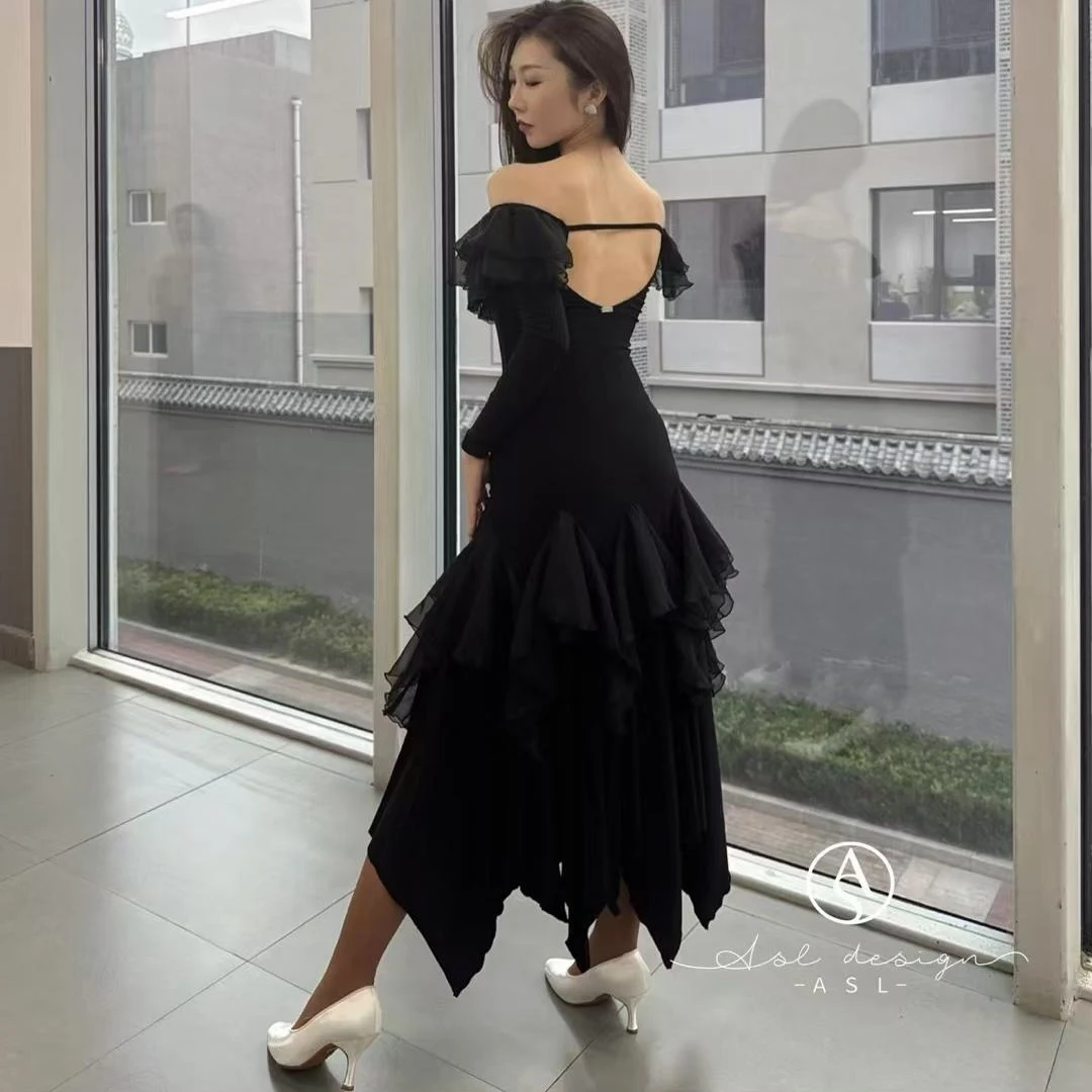 Abito da ballo da sala irregolare nero Abito da donna a maniche lunghe Abbigliamento da pratica Valzer Tango Abiti da ballo Abito da competizione BL14300