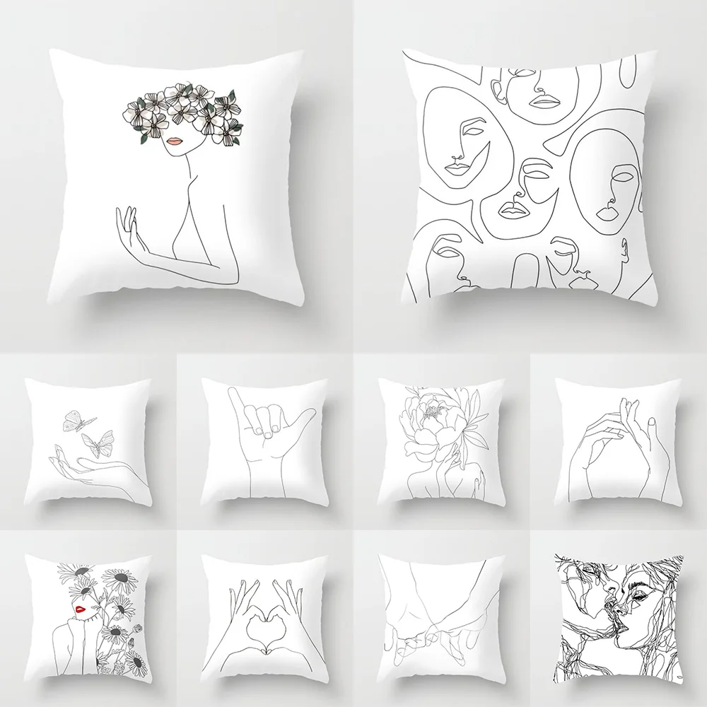 Abstract Simple Line Female Pose Sketch Printing Pattern Cushion Cover Home Living Room Sofa Decoration Pillow