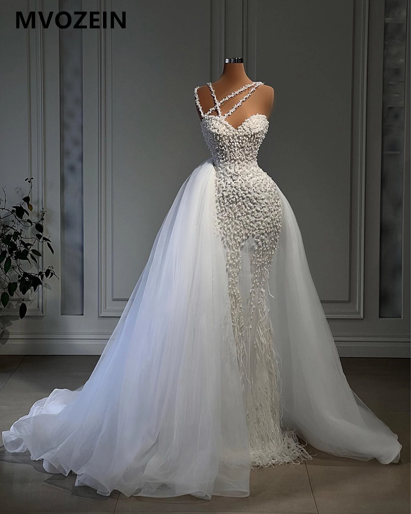 

Luxury Wedding Dresses with Disassembly Skirt Spaghetti Strap Crystal Stone Pearl Bridal Dress Mermaid Wedding Party Gowns