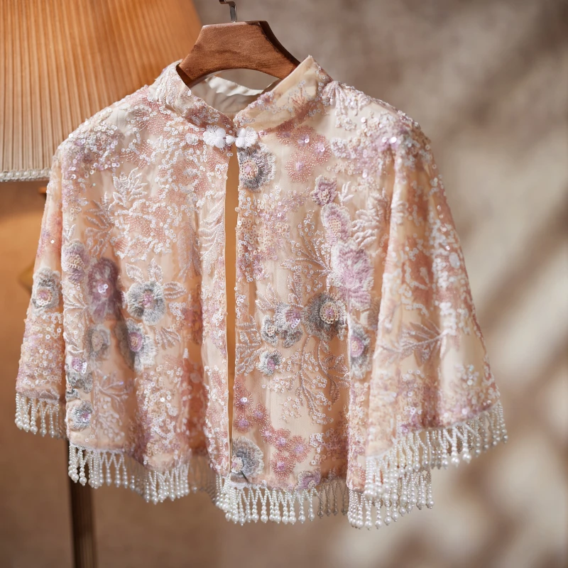 Spring/Summer Qipao Shawl Dress Props Women Cloak Chinese Style Sequin Lace Top Heavy Handmade Tassel Jacket Girls Qipao Coat