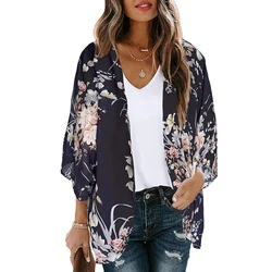 Kadınlar çiçek 3D baskı yarım kollu şal şifon Kimono plaj hırka Bikini Cover Up Wrap Beachwear Anti-UV ceket yaz üst