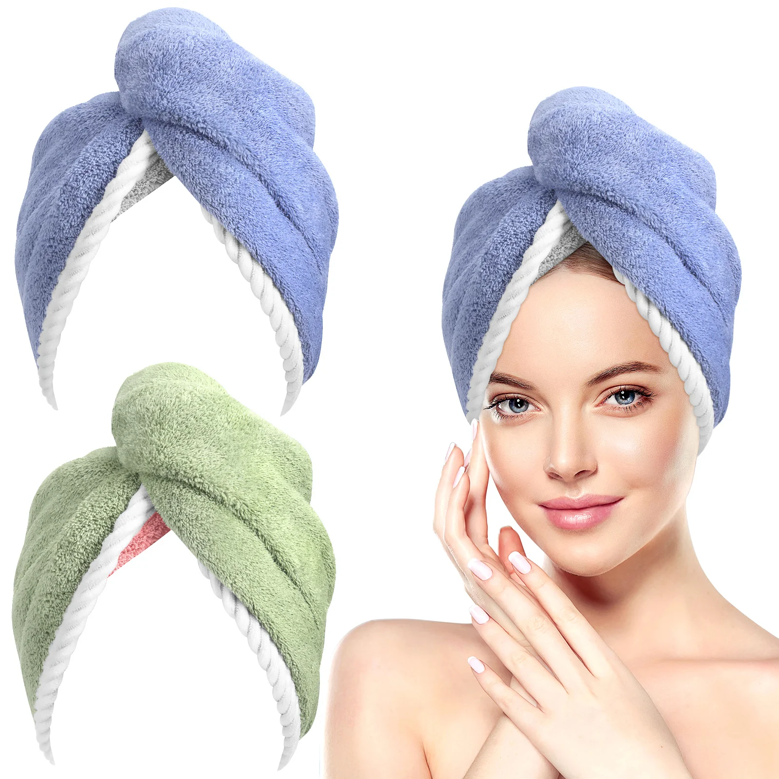 

2Pcs Coral Fleece Super Absorbent Hair Drying Hat Quick Dry Turban for Women Soft Comfortable Double Layer Design