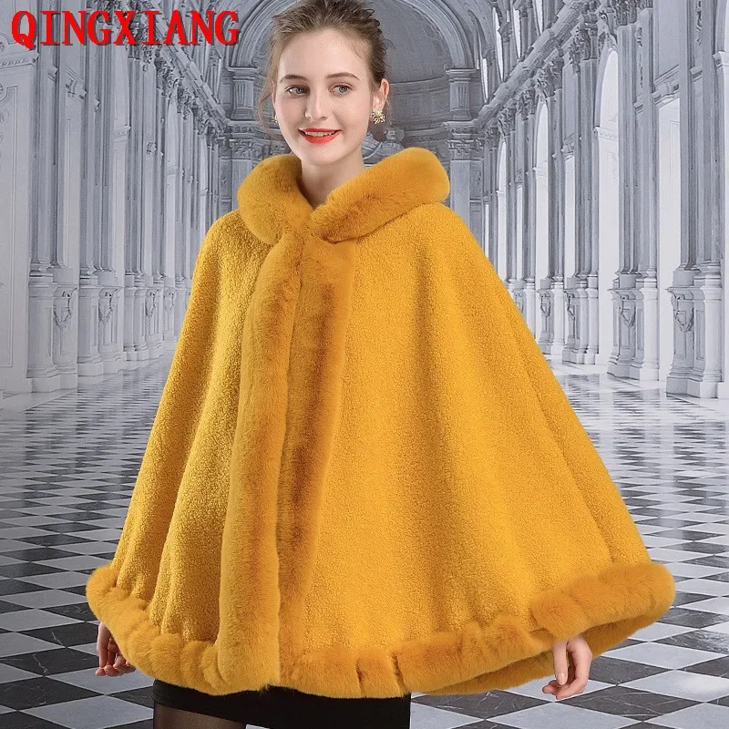 Manteau Poncho avec Chapeau pour Femme, Col en Fourrure de Lapin, Grand Pendule, Outstreet, Chaud, Velours Granulaire, Châle Épais, Hiver