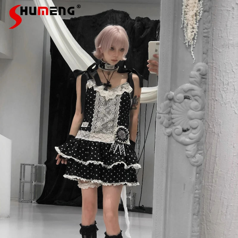 

Original Subculture Gothic Black Polka Dot Sling Dress Jsk Summer Hot Girls Sweet Cool Slim Fit Mini Dress Punk Style Y2k Dress