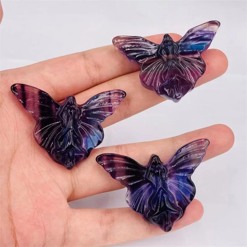 

Colorful Fluorite Moth Crafts Natural Stones Polished Quartz Carved Crystal Animals Insect Healing Gemstones Reiki Decoration