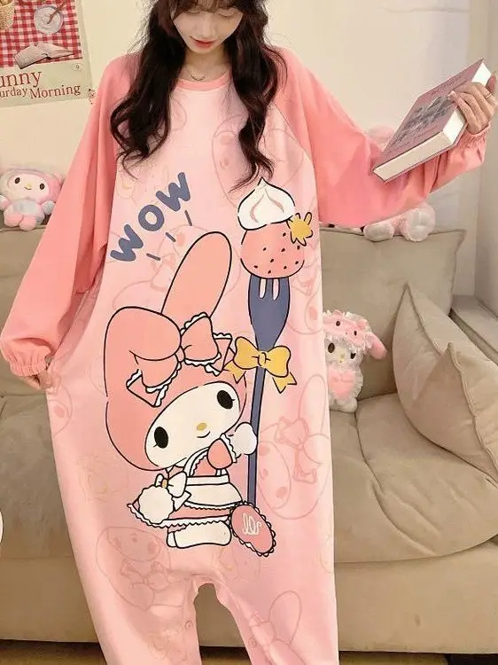 

Sweet Rabbit Print Student Onesie Pajamas plus Size Cute Home Clothes Can Be Worn outside High Waist Long Pants Polyester