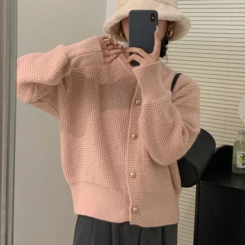 Casual Loose Hecks Knitted Cardigan Soft Comfort Versatile O-Neck Sweater Coat Woman Korean Fashion Solid Button-up Cardigans