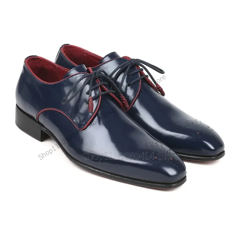 

Navy Blue Breathable Strappy Men Derby Shoes Fashion Lace Up Men Shoes Luxurious Handmade Party Banquet Office Men Dress Shoes