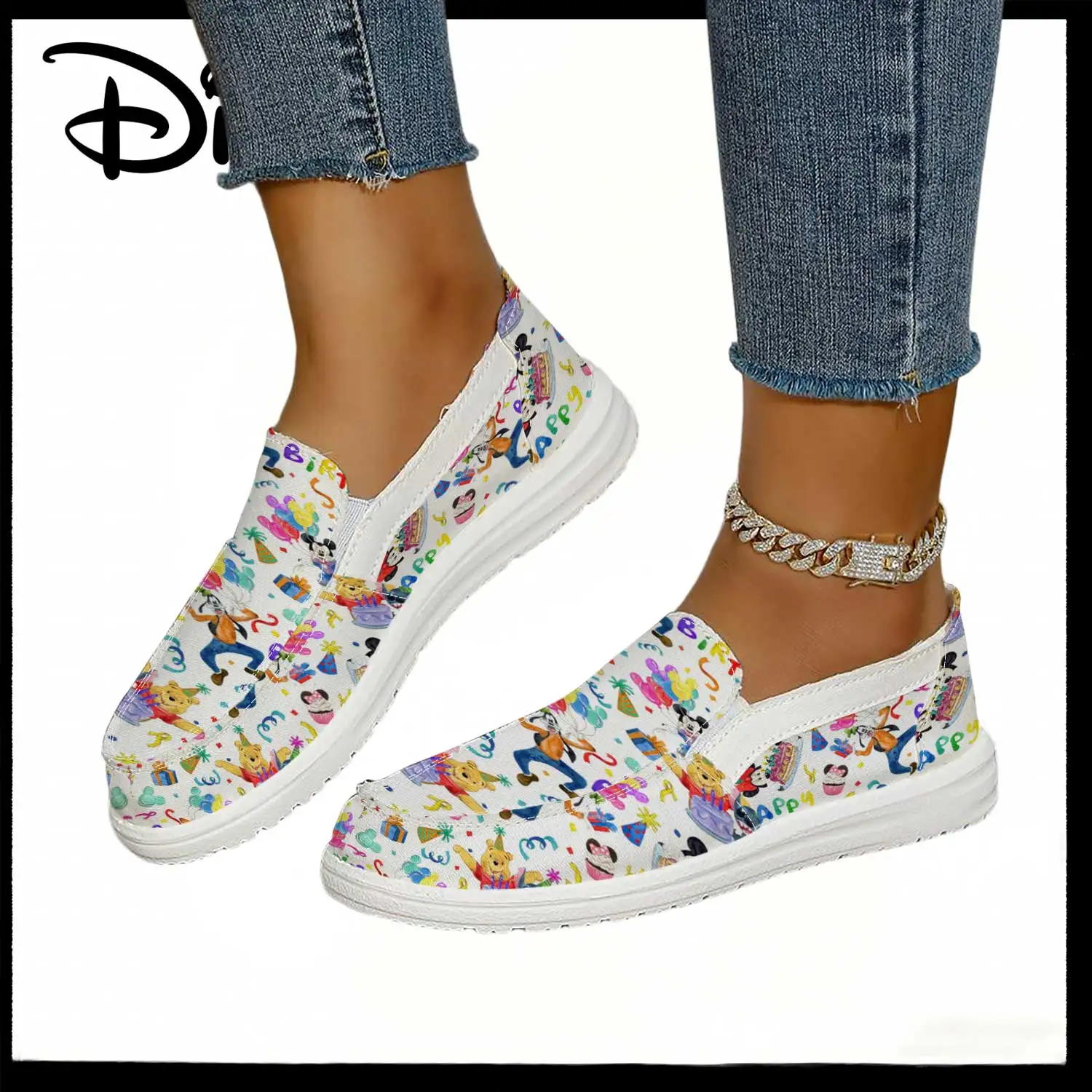 

Disney Winnie the Pooh & Friends Party Print White Slip-On Sneakers – Comfortable Casual Shoes for Women