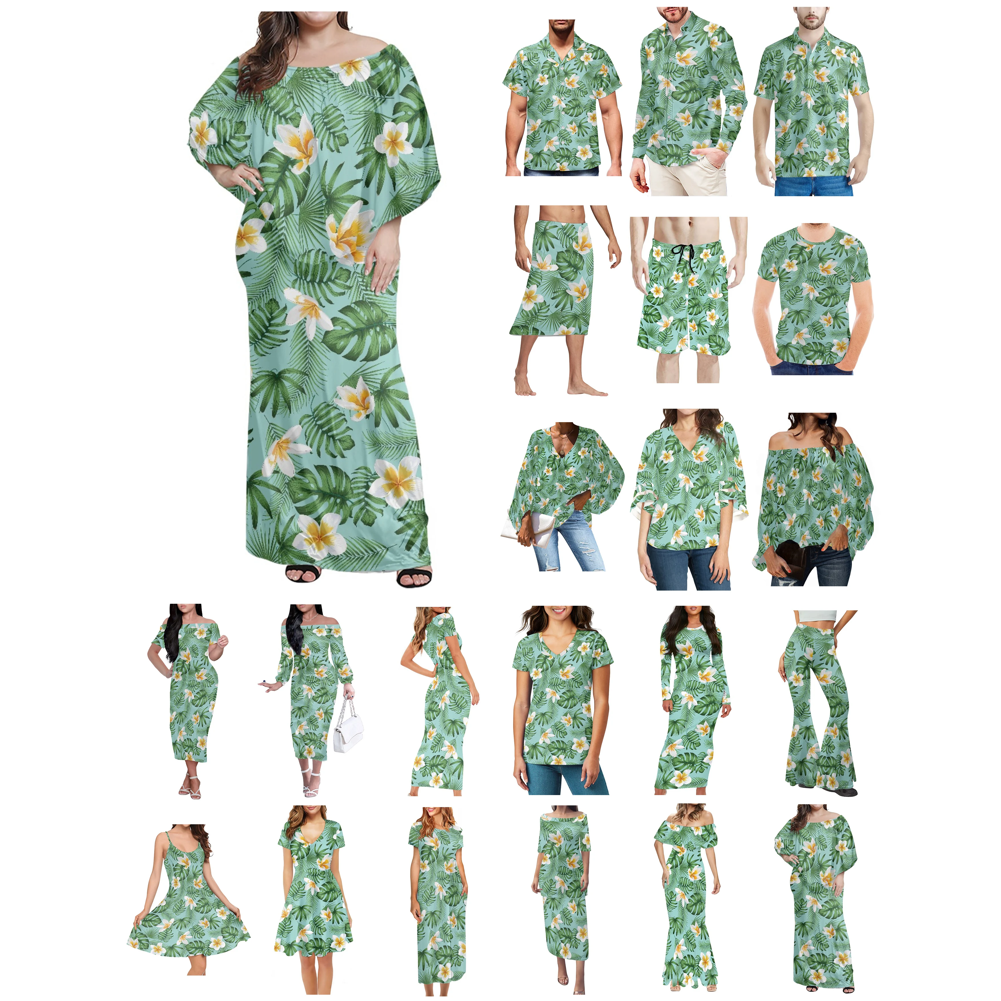 Lady Off-The-Shoulder Long Skirt With Big Front,Palm Leaf,Banana Leaf,Plumeria Print  Men Beach Short Sleeve Shirt Lover Clothes