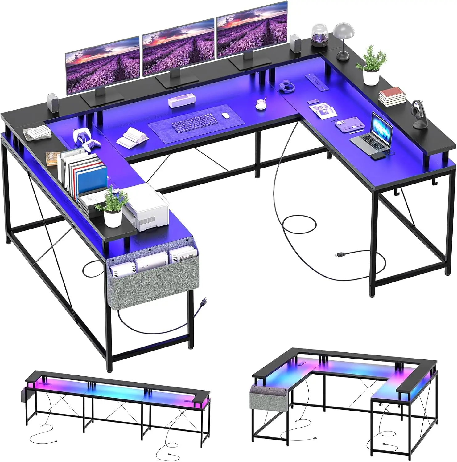 U Shaped Computer Gaming Desk, Reversible L Shaped Desk with Power Outlets, LED Strip & Monitor Stand, Large Corner Desk