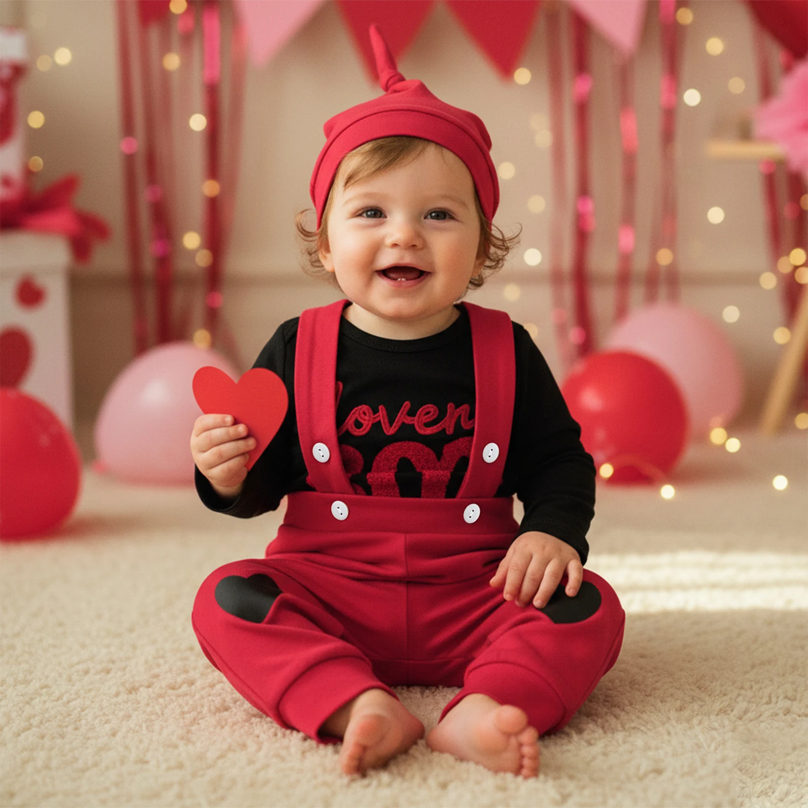 ملابس عيد الميلاد للأطفال الأولاد عيد الحب لطيف خطابات التطريز رومبير مع وزرة قبعة الملابس 3 قطع وتتسابق #4