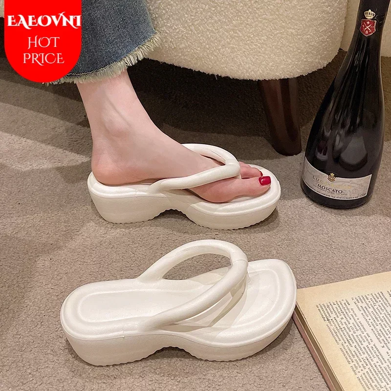 Women\'s Thick Bottom Wedges Flip Flops 2024 Summer Clip Toe Chunky Platform Sandals Woman Eva Non Slip Outdoor Slippers Slides