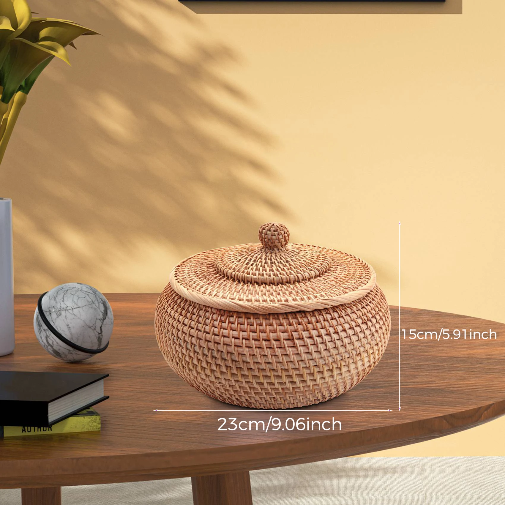 Round Rattan Box,Wicker Fruit Basket with Lid Bread Basket Tray Storage Basket Willow Woven Basket for Bread, Snack