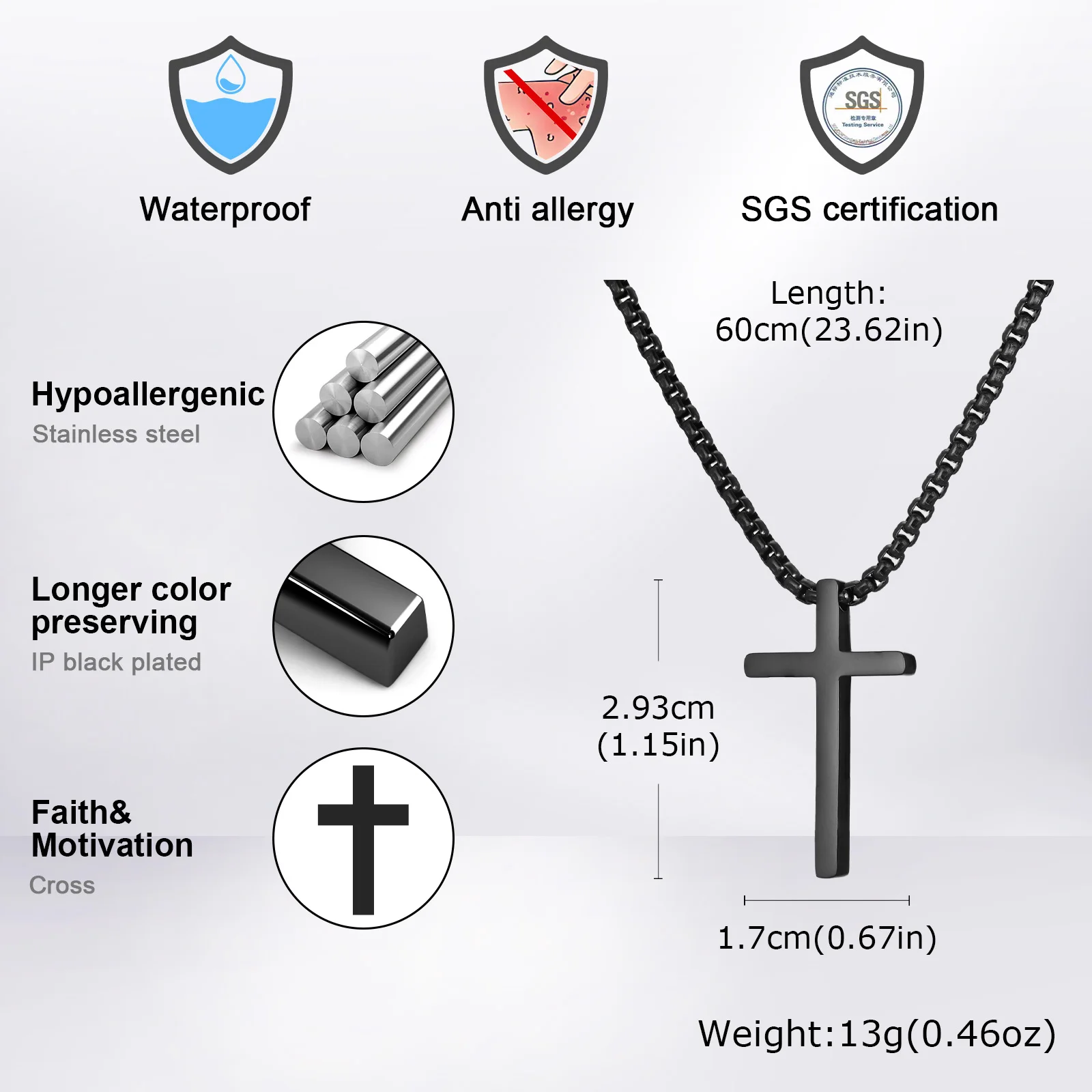Waterproof Men's Cross Pendant Necklaces,60cm Silver Black Gold Color Christian Pendant,Classic Jewelry Gift for Him - Image 4