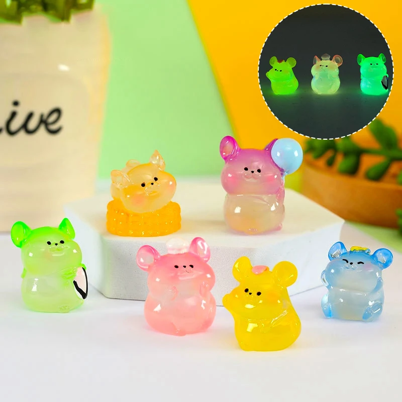 1Set Luminous Mini Animal Ornament Cartoon Hamster Duck Piglet Puppy Figurine Micro Landscape Car Interior Desktop Decoration