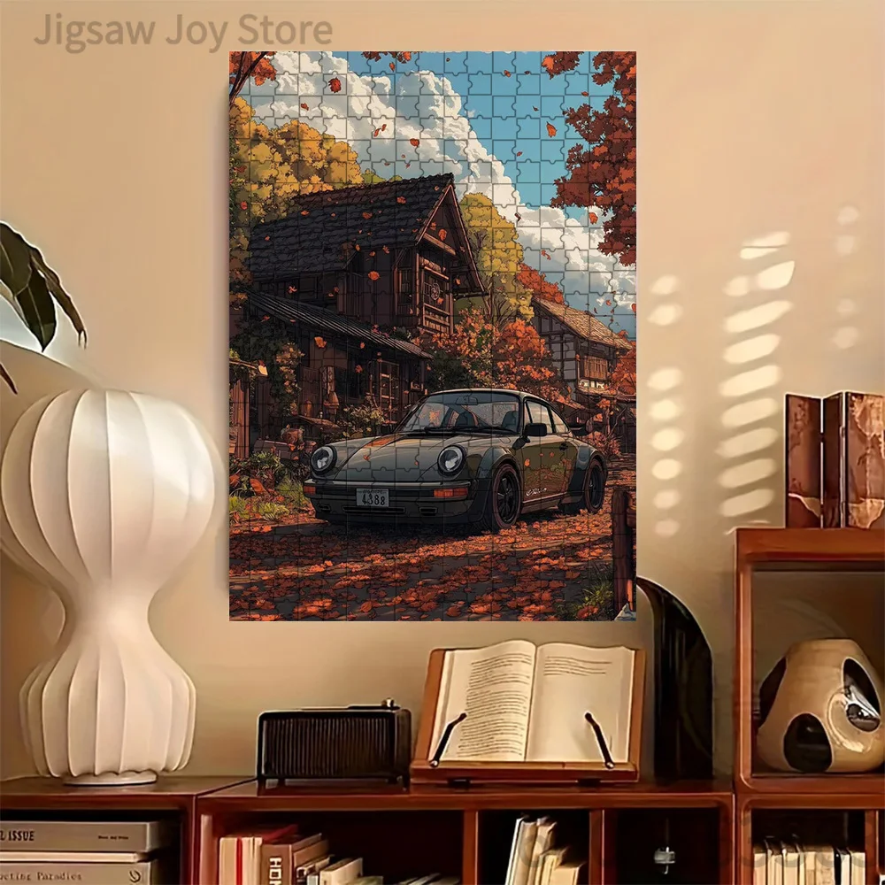 Retro Porsche 911 Autumn Maple Forest Japanese Style House Paper Jigsaw Puzzle, Vintage Sports Car Fall Scenery Art Paper Puzzle