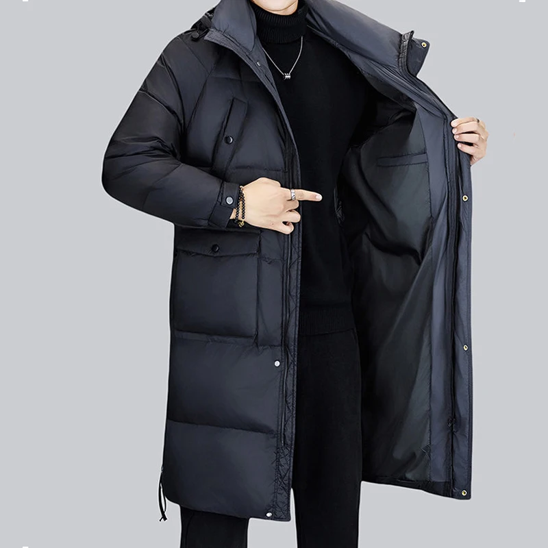 

Повседневные зимние мужские теплые длинные куртки на утином пуху с капюшоном, меховой воротник, съемные черные свободные пуховики, верхняя одежда, утепленные парки