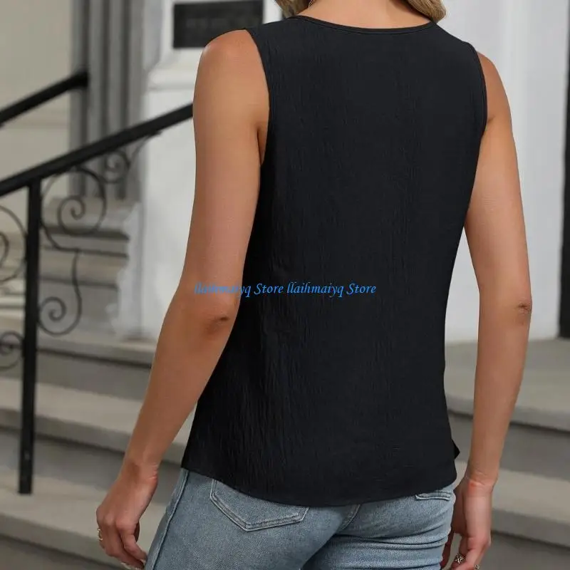 

573B Women's Casual Loose Sleeveless Top Pleated Chiffons Vest Shirt Fashion Round Neck Blouse Shirt Summer Top Gifts