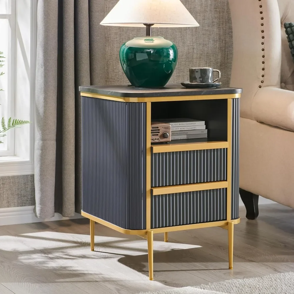 Fluted Nightstand, End Table with Gold Accents, Wood Night Stand with Charging Station, Side Table for Bedroom, Living Room