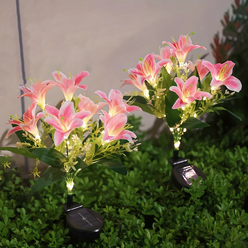 Solar powered courtyard decoration with seven head lily flower lights, outdoor pink courtyard decoration
