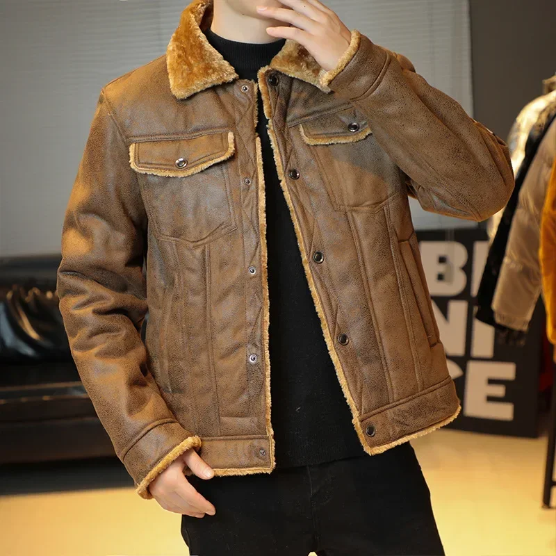 

Winter Mens Leather Jacket Velvet Thicken Warm Youth Fashion Casual Mens Coats Male Single Breasted Slim Fit Leather Jacket